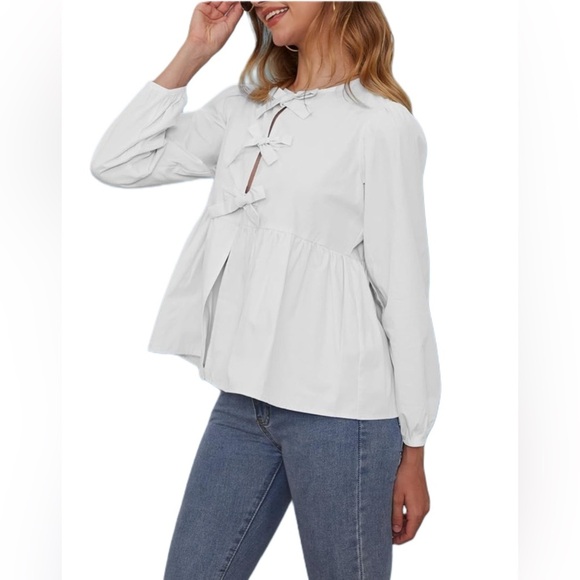 NWT Womens Tie Front Top Long Puff Sleeve Shirt Casual Peplum Babydoll - Picture 1 of 8